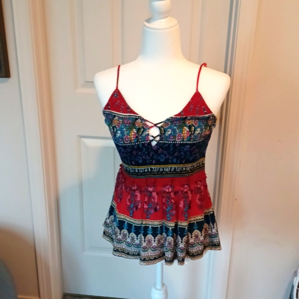 Patrons of Peace Boho style smocked top adjustable straps size M